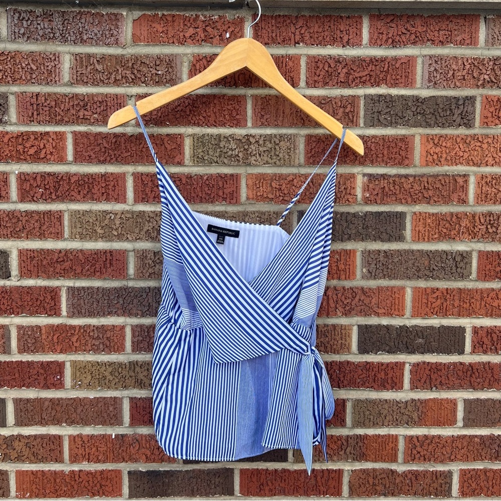 Banana Republic Blue and White Striped Surplice Side Knotted Tank Top